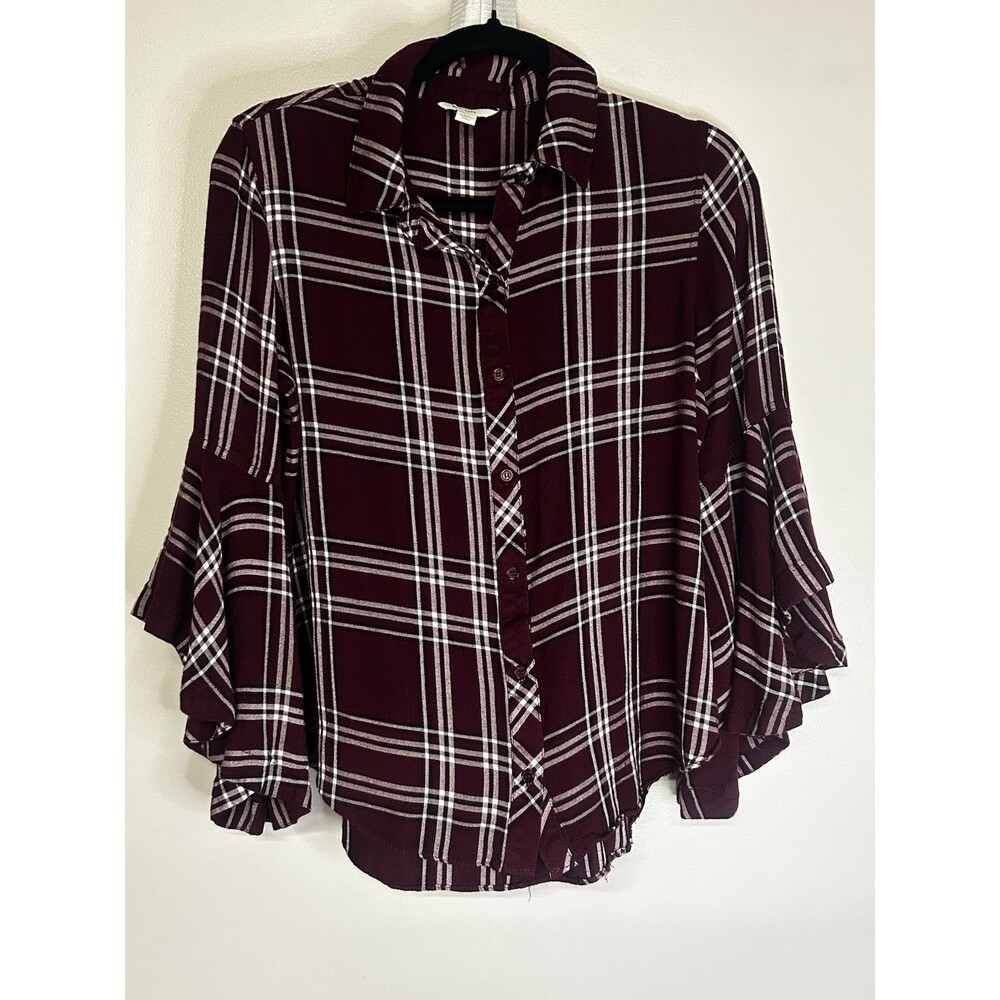 Cato Maroon and White Plaid Button-down Top with Layered Bell Sleeves Size M